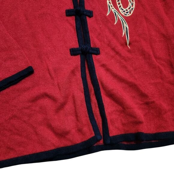 Bob Mackie Cardigan Sweater Size 2X Red Black Embroidered Dragon Toggle - Picture 4 of 9